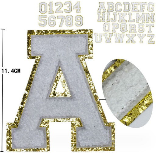 White & Gold Trim 11.4cm Chenille Iron-On Patch Letter A