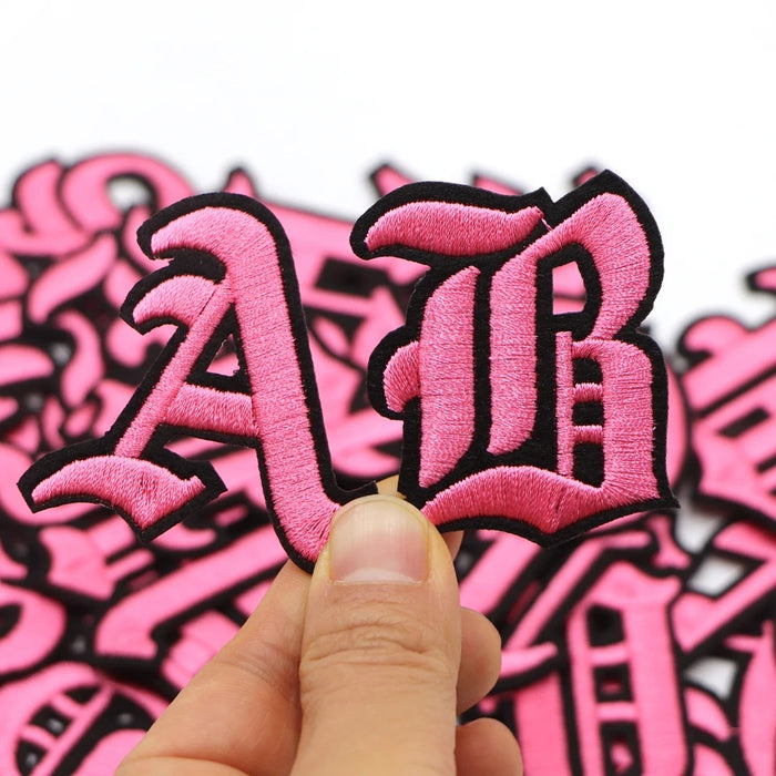 Old English Pink Embroidered 5cm Iron-On Patch Letters