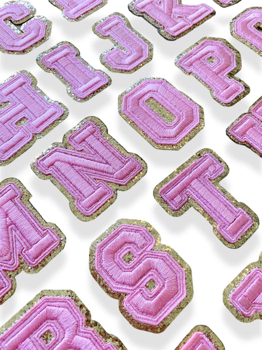 Pink Embroidered Gold Trim 6.2cm Iron On Patch Letters