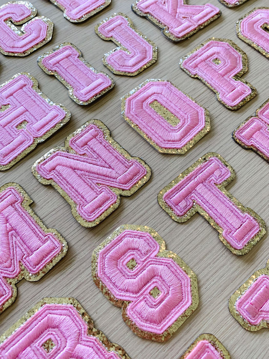 Pink Embroidered Gold Trim 6.2cm Iron On Patch Letters