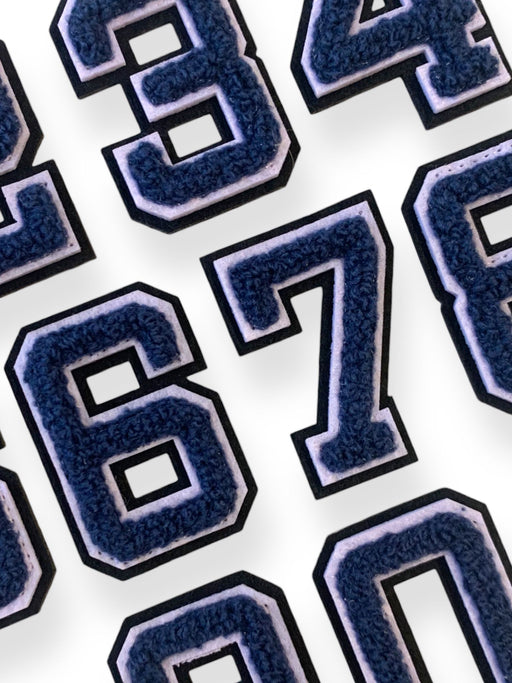 7.5cm navy 3D chenille iron on patch numbers in a varsity font