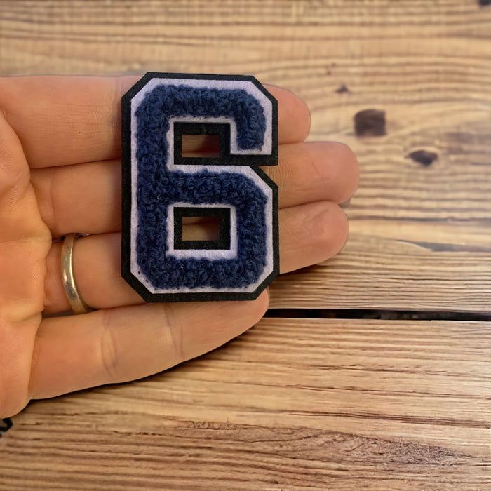 3D chenille navy iron on patch number 6 at 5cm height