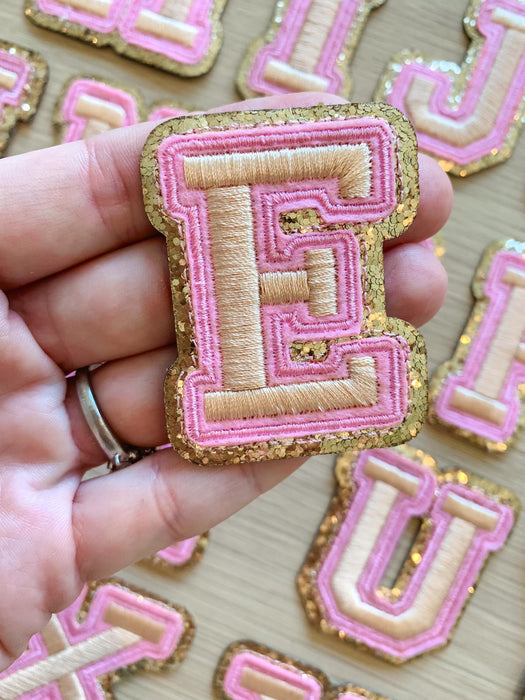 Pink Gold Trim Embroidered 6.2cm Iron On Patch Letter E