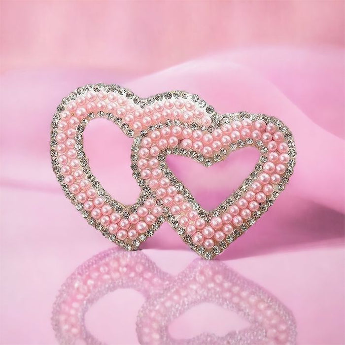 Pearl Rhinestone Double Pink Heart 6.7cm Iron-On Patches