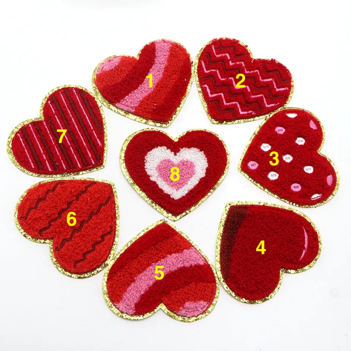 Red 7cm Heart Gold Trim Chenille Iron-On Patches