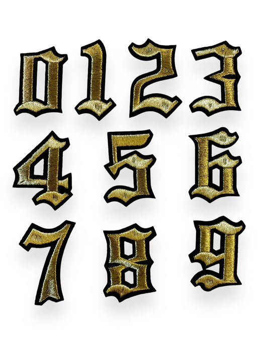 Gold Old English Embroidered 5cm Iron On Patch Numbers