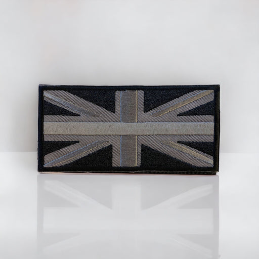 Grey metallic thread embroidered Union Jack GB Flag sew-on patch with a hook and loop fastener backing