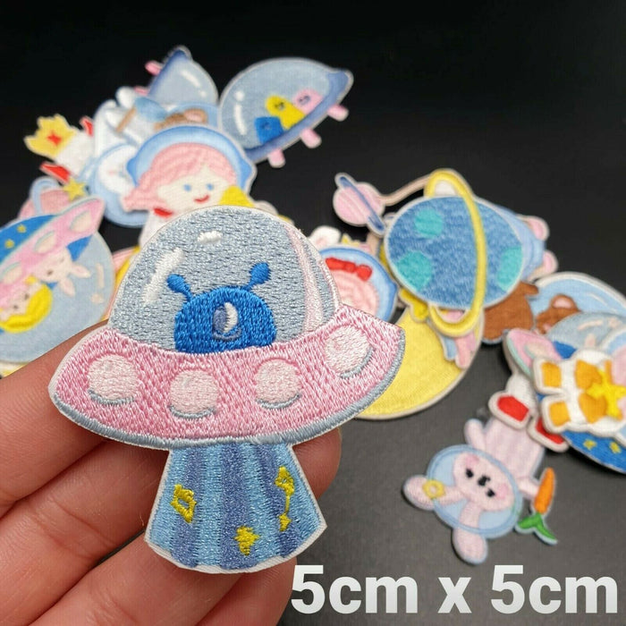 Pink & Blue Space Themed Embroidered Iron On Patches - UFO