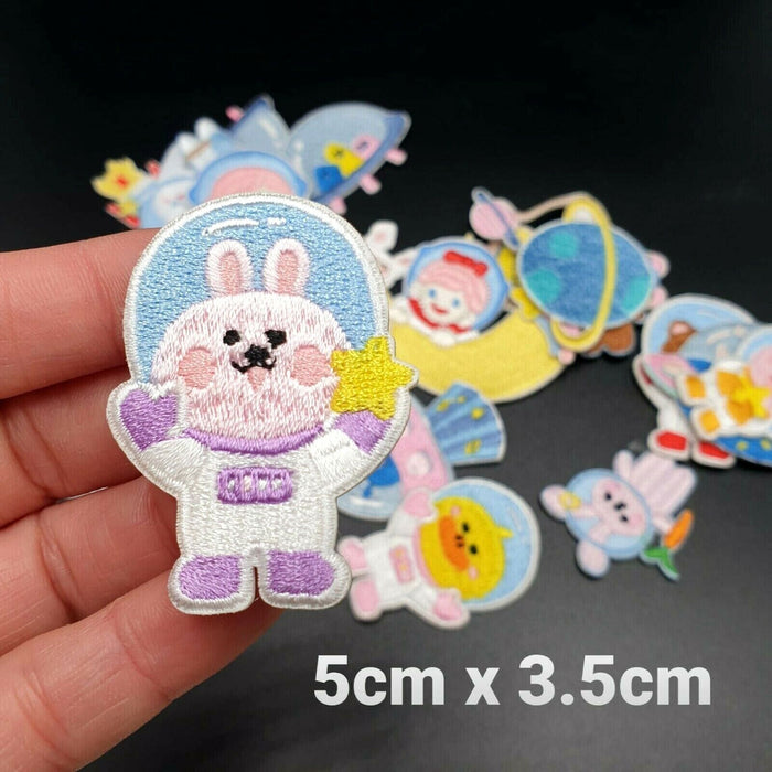 Pink & Blue Space Themed Embroidered Iron On Patches - bunny astronaut