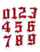 Red and white old english style font iron on patch numbers