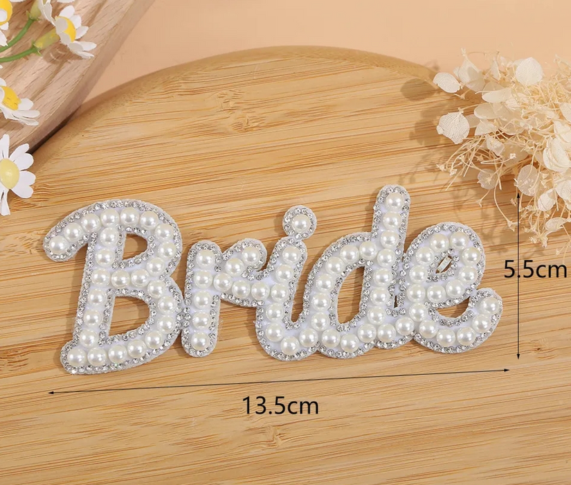 White Pearl Silver Rhinestone Bride  Iron On Patch