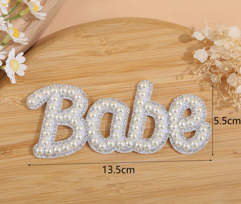 White Pearl Silver Rhinestone  Babe Iron On Patch