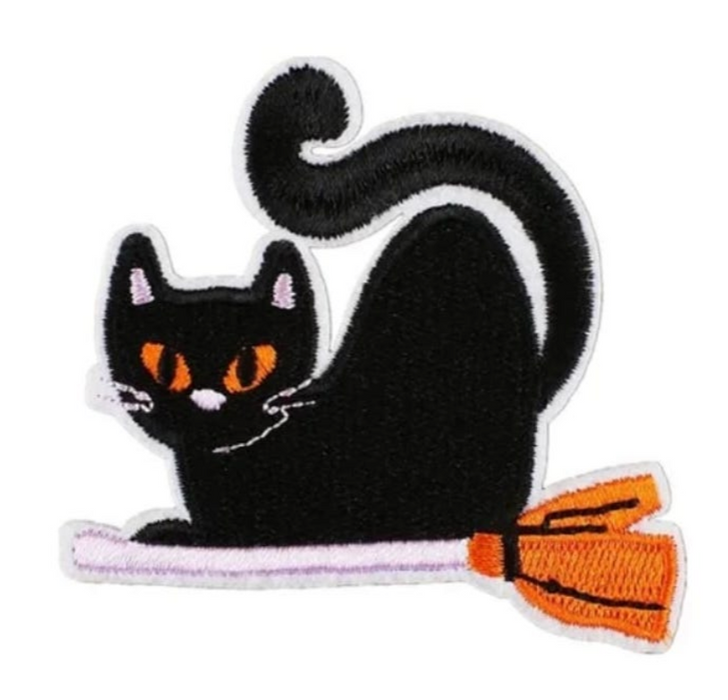 Black Cat Broomstick Halloween Iron-On Patch