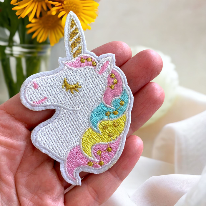 Pastel Gold & White Unicorn 8.5cm Embroidered Iron-On Patch