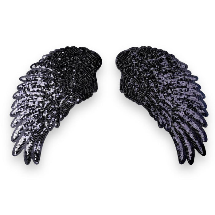 Large Black 26cm Angel Wings Sequin Iron-On Patches