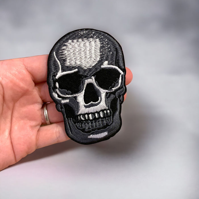 Grey Skull Embroidered 9cm Iron-On Patch