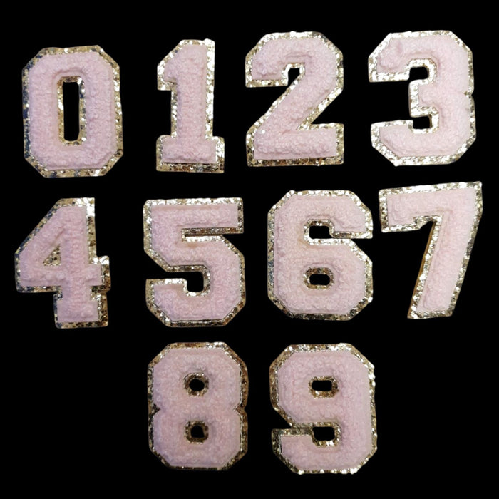 Light Pink Chenille Gold Trim 5cm Iron-On Patch Numbers