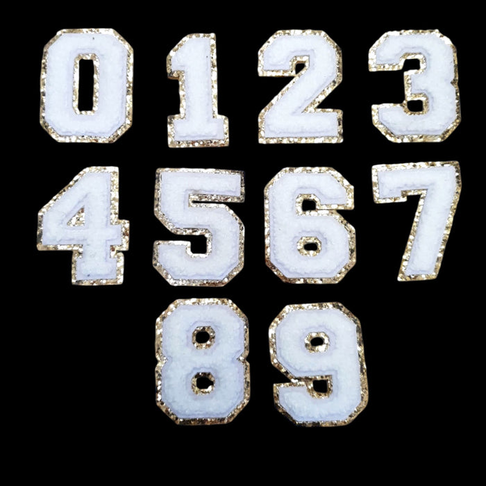 White Chenille Gold Trim 5cm Iron-On Patch Numbers
