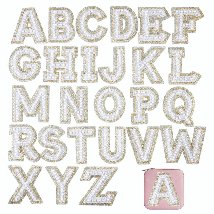 White Pearl Gold Glitter & Beaded 6.5cm Iron On Patch Letters