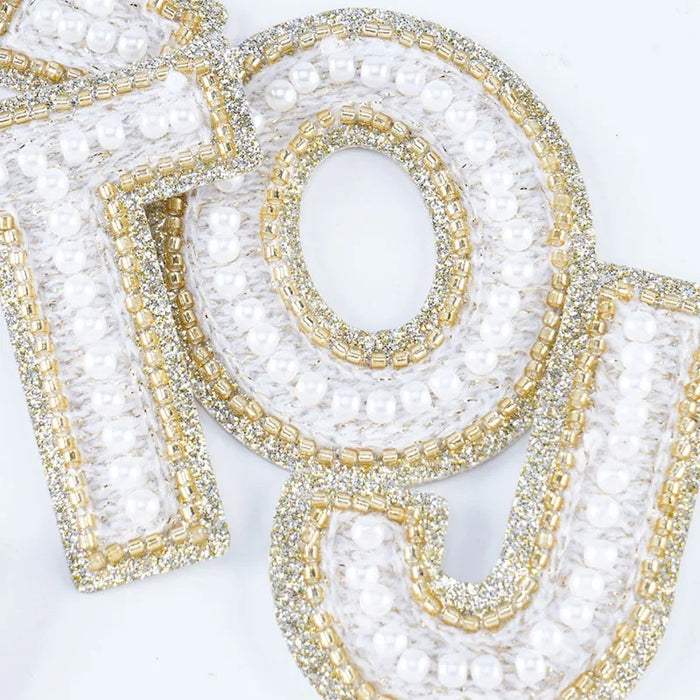 White Pearl Gold Glitter & Beaded 6.5cm Iron On Patch Letters