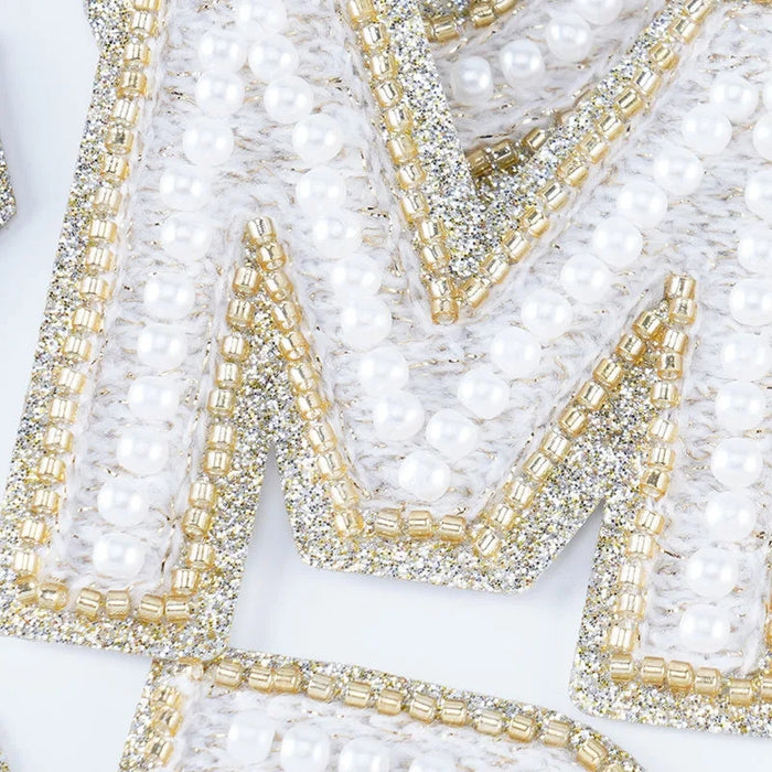 White Pearl Gold Glitter & Beaded 6.5cm Iron On Patch Letters