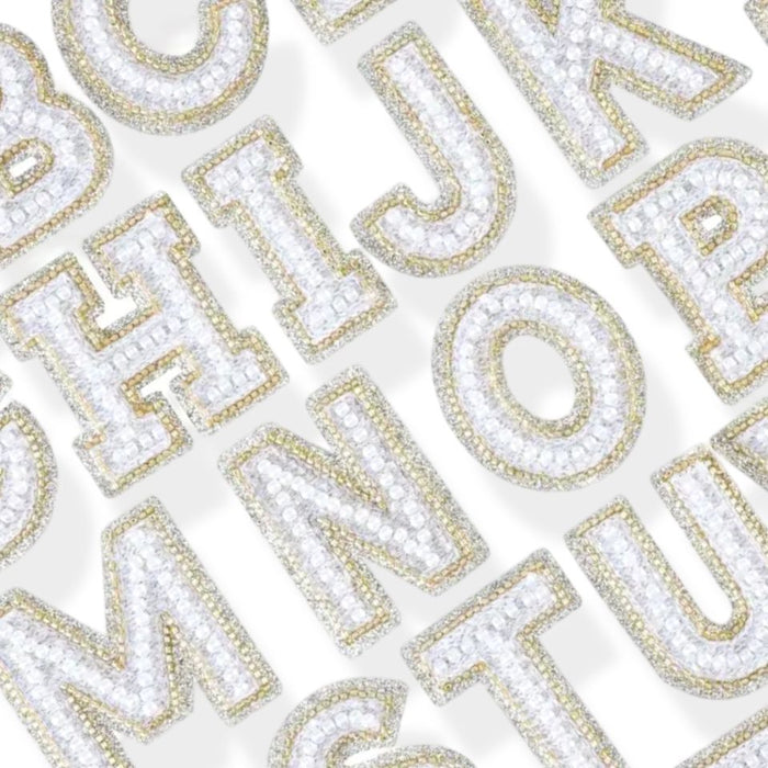 White Pearl Gold Glitter & Beaded 6.5cm Iron On Patch Letters