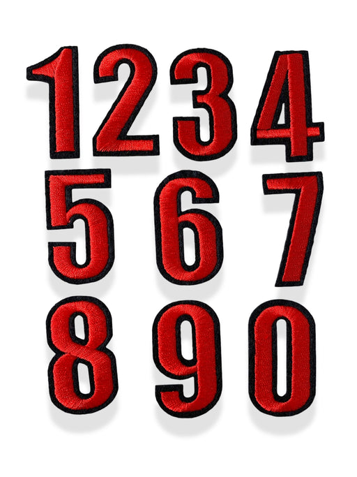 5cm red embroidered iron-on patch numbers with a contrasting black felt border