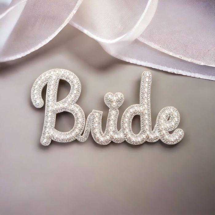 White Pearl Silver Rhinestone Mrs Bride Babe Iron On Patch