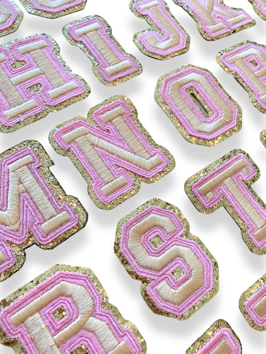 Pink Gold Trim Embroidered 6.2cm Iron On Patch Letters