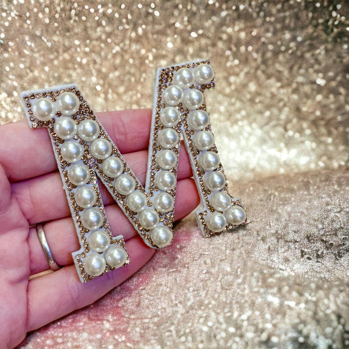 White Pearl Gold Rhinestone 6.7cm Iron On Patch Letter M