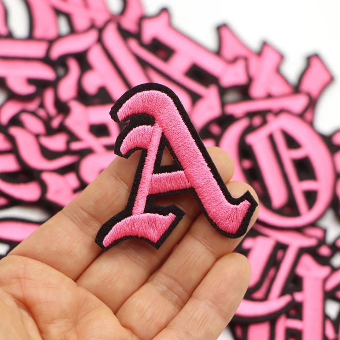 Old English Pink Embroidered 5cm Iron-On Patch Letter A