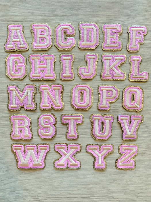 Pink Gold Trim Embroidered 6.2cm Iron On Patch Letters