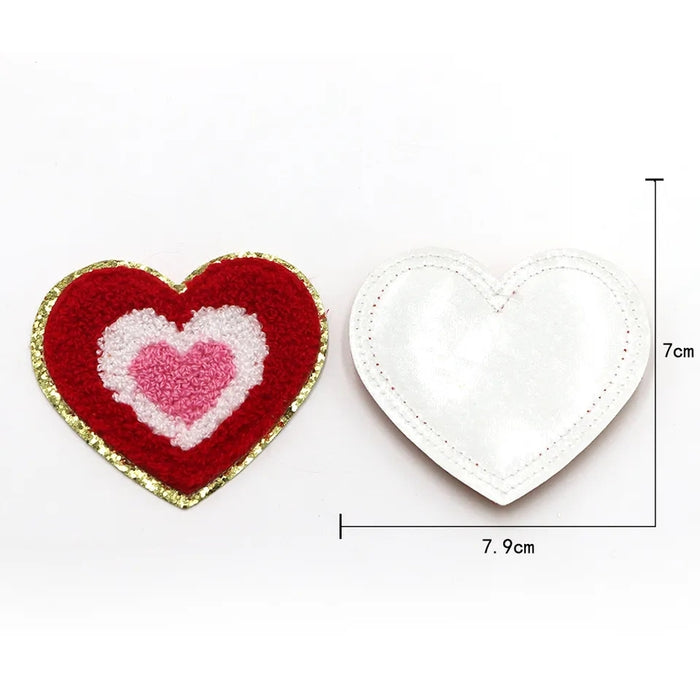 Red 7cm Heart Gold Trim Chenille Iron-On Patches