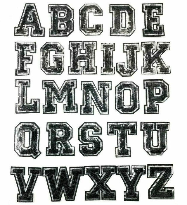 Black and silver sequin iron on patch letters full alphabet