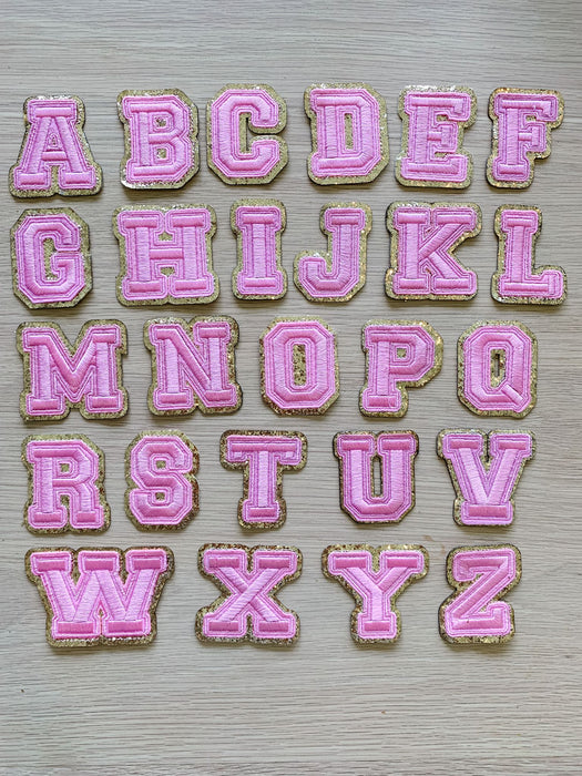 Pink Embroidered Gold Trim 6.2cm Iron On Patch Letters