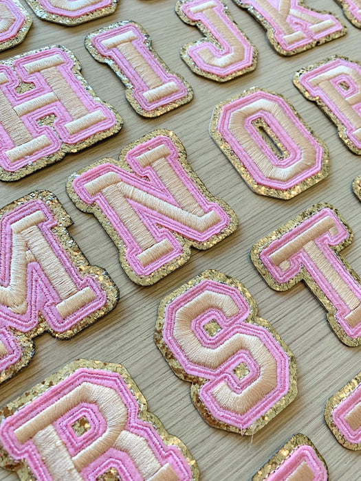 Pink Gold Trim Embroidered 6.2cm Iron On Patch Letters