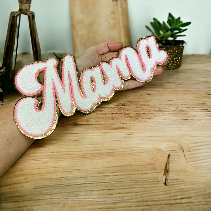 Mama 27cm x 11cm Gold Trim Chenille Iron-On Patch