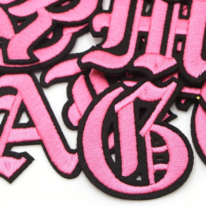 Old English Pink Embroidered 5cm Iron-On Patch Letters