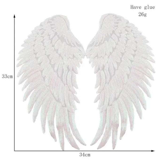 Large 33cm White Angel Wings Sequin Iron-On Patches