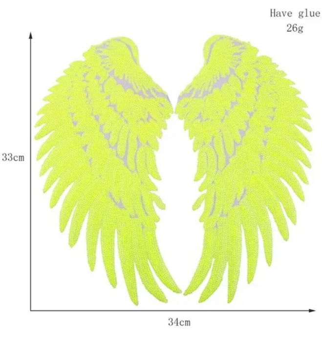 Large 33cm Fluorescent Yellow Angel Wings Sequin Iron-On Patches