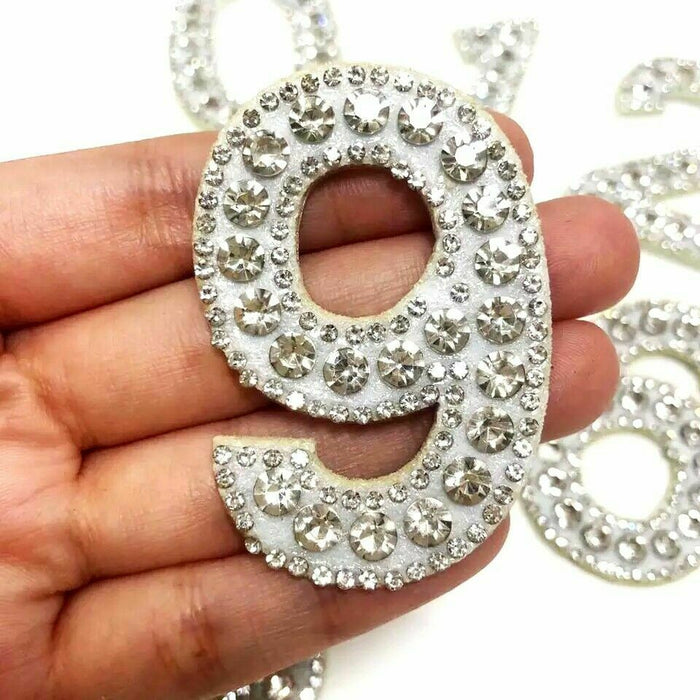 Silver Rhinestone 5cm Iron On Patch Number 9