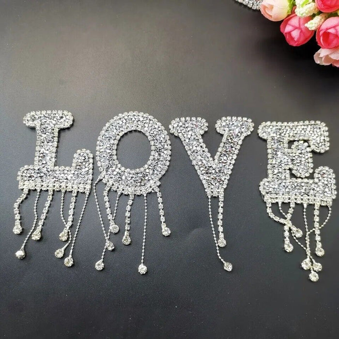 Silver Rhinestone Tassel 6cm Iron-On Patch Letter LOVE