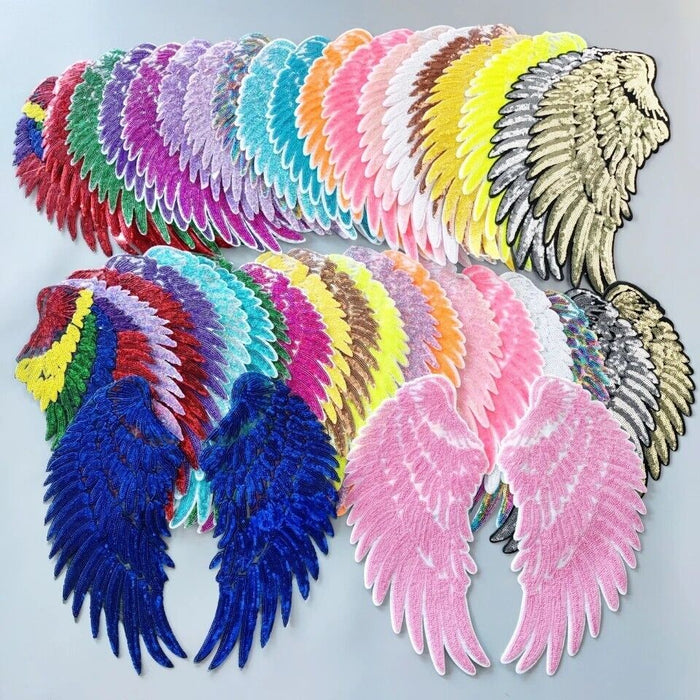 Large 33cm Medium Multicolored Angel Wings Sequin Iron-On Patches