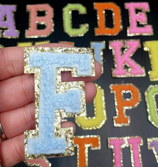 Sky Blue Chenille Gold Trim 6.2cm Iron-On Patch Letter F