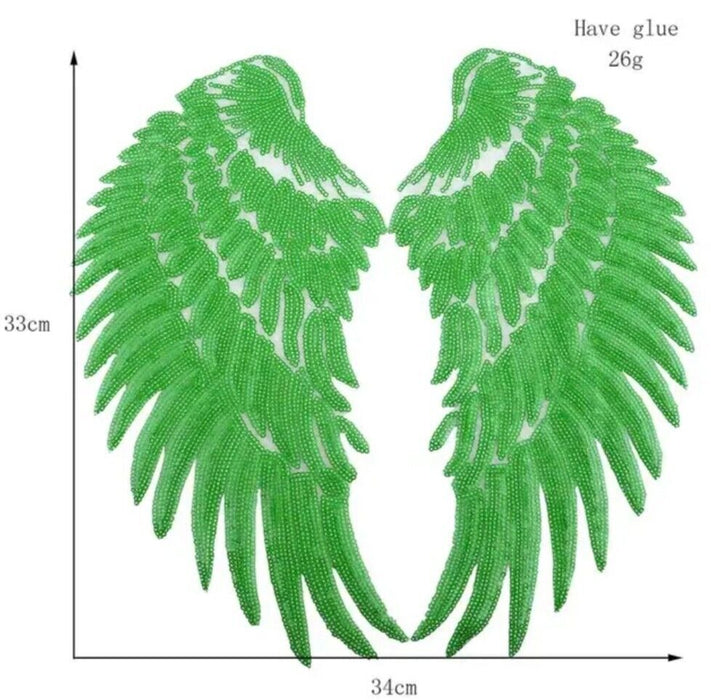 Large 33cm Green Angel Wings Sequin Iron-On Patches