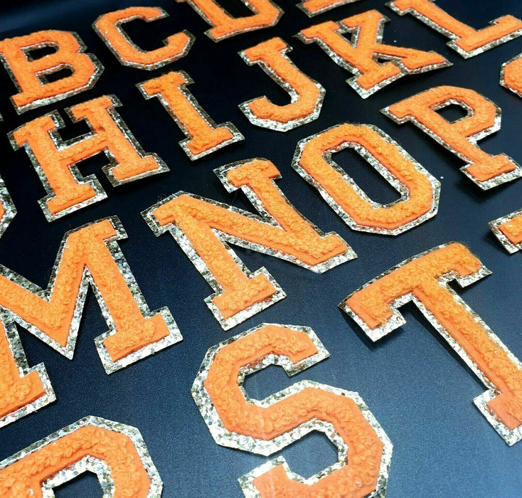 Orange Chenille Gold Trim 6.2cm Iron-On Patch Letters