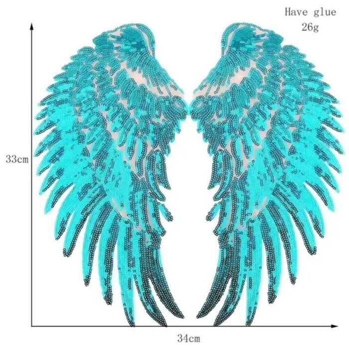 Large 33cm Medium Blue Angel Wings Sequin Iron-On Patches