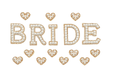 White pearl gold rhinestone iron-on patch letters showing the letters BRIDE with surrounding pearl heart patches.