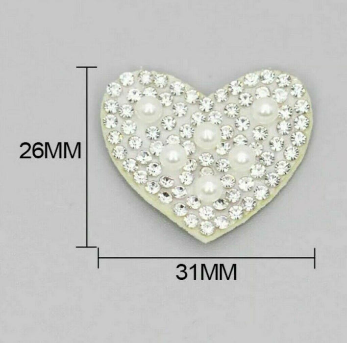 White pearl silver rhinestone iron-on patch heart showing dimensions of 26mm x 31mm.