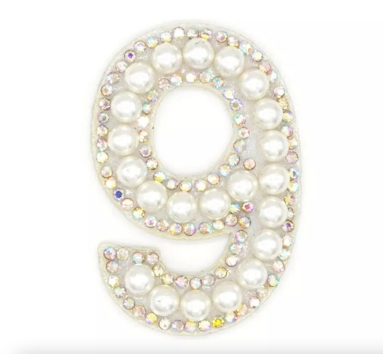 White pearl and silver rhinestone iron-on patch number 9